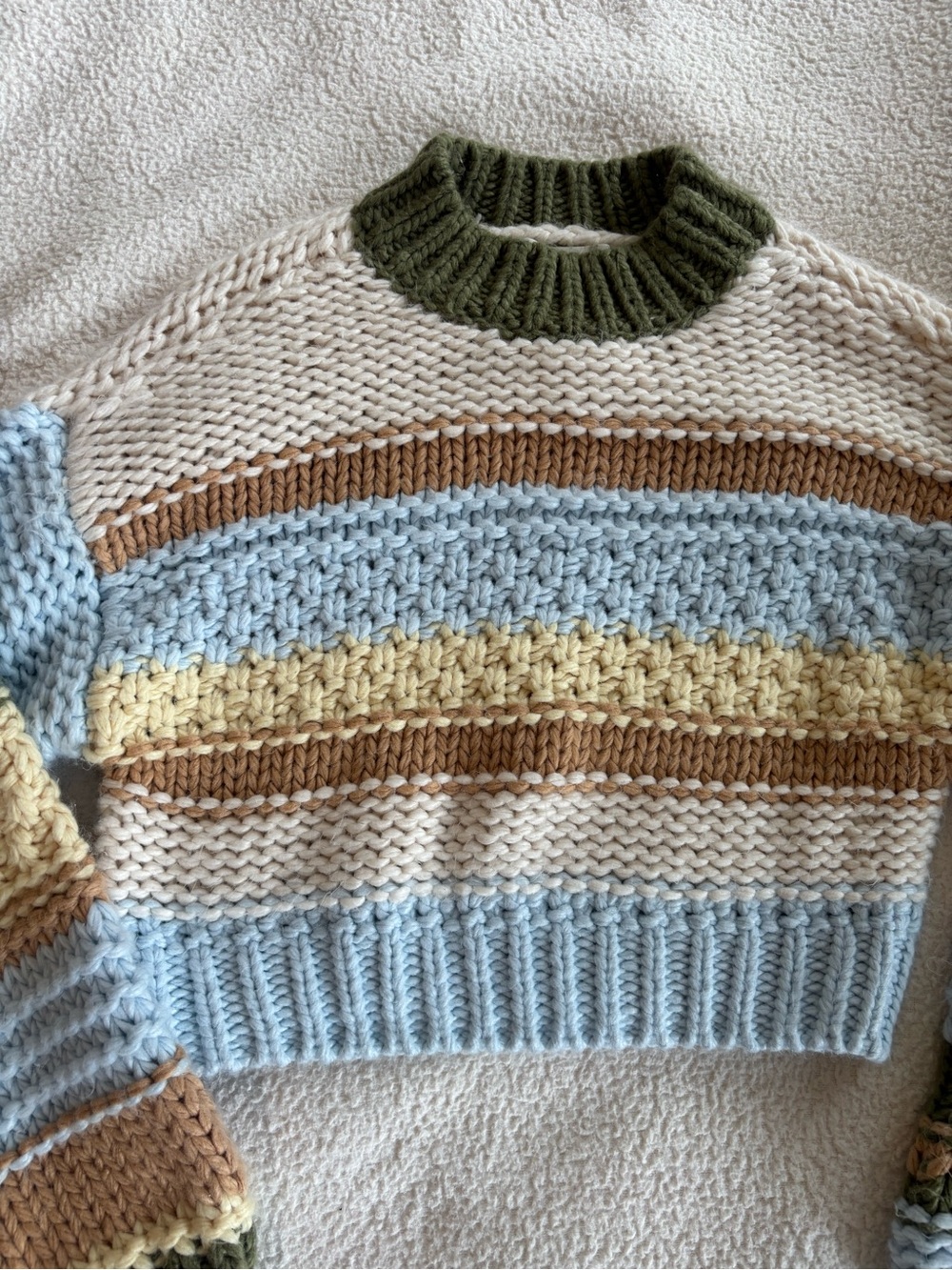 Chunky Striped Knit Sweater in Olive, Baby Blue & Cream - Picture 2 of 3
